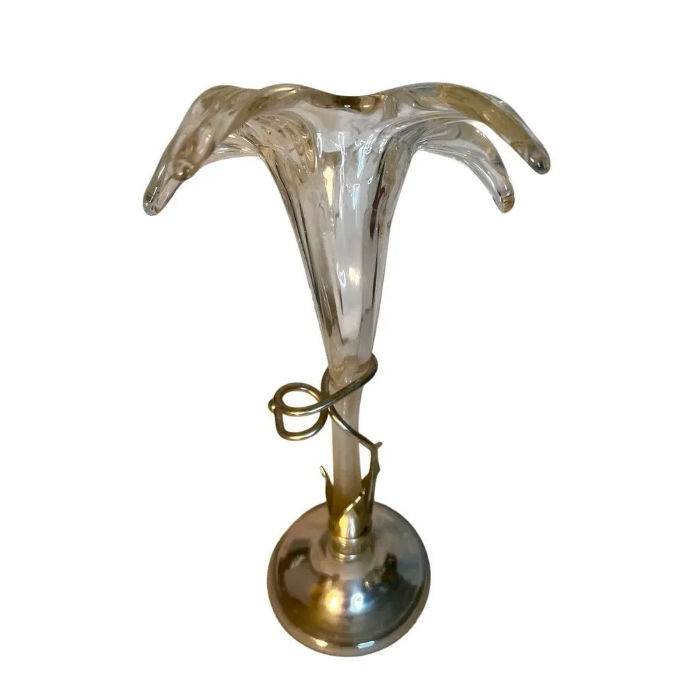 Vintage Mid Century Blown Glass Lily Vase Art In Silver Tone Base
